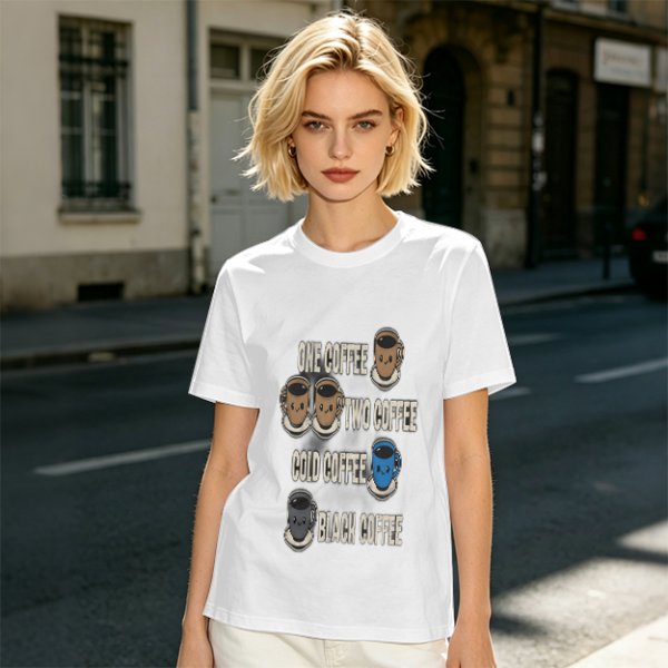 Olive green graphic tee with coffee cup illustrations and playful coffee text
