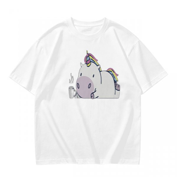 Olive green t-shirt with a chubby unicorn holding a steaming coffee cup