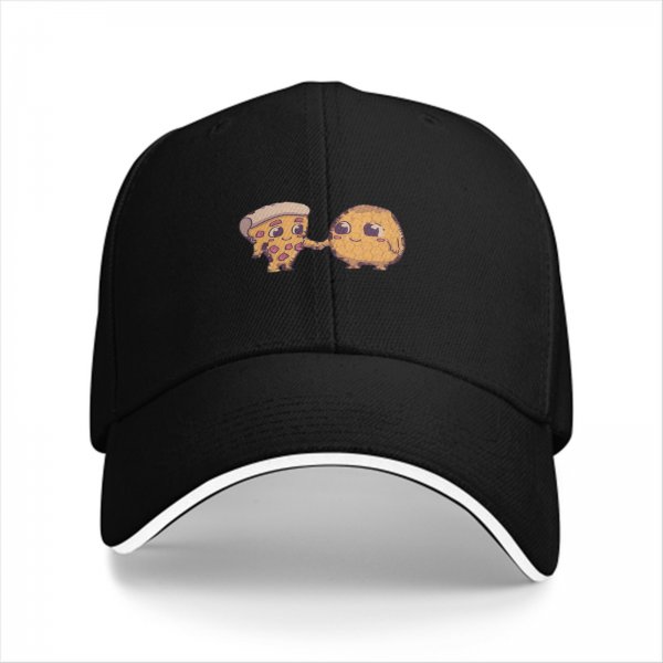 Black baseball cap with cute pizza and potato friends design