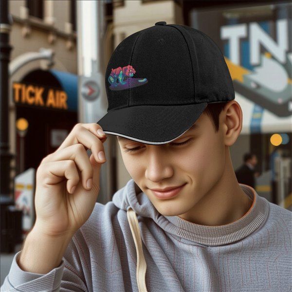 Black Baseball Cap With Psychedelic Colorful Beast Graphic Print