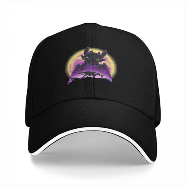 Black baseball cap featuring Toothless dragon and moon graphic