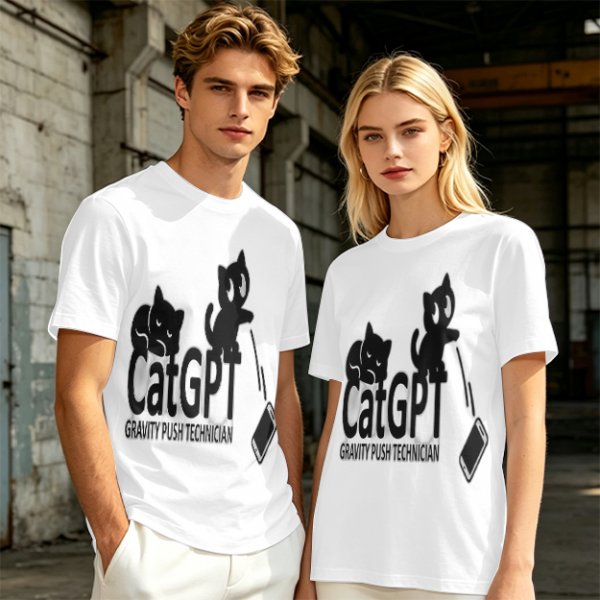 Olive green graphic t-shirt with CatGPT and mischievous cat prints