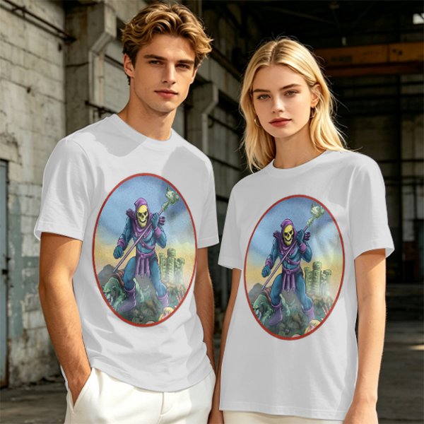 Olive T-Shirt Featuring Skeletor Holding His Havoc Staff