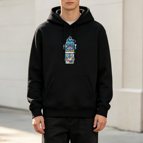 Black Hoodie With Blue Cat Ramen Cup Graphic Print