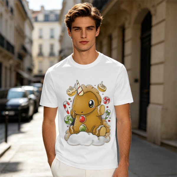 Olive T-Shirt With Cute Gingerbread Unicorn And Christmas Candy Print