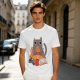 Olive T-Shirt With Cozy Cat Eating Pizza And Gaming Print
