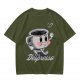 Olive green t-shirt with running espresso cup graphic and 'Less Despresso' text