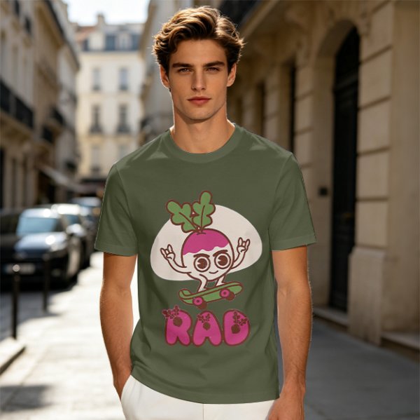 Olive T-Shirt With Rad Skating Radish Cartoon Graphic