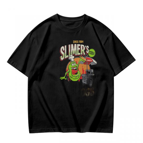 Olive green t-shirt with Slimer's Ghostbusters themed graphic print