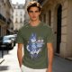 Olive green t-shirt with a husky holding pupcakes graphic