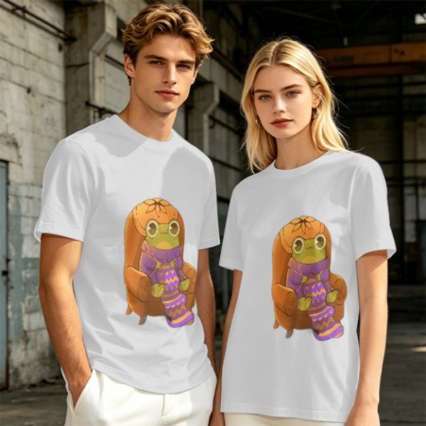 Olive Green T-Shirt with Cozy Frog in Pumpkin Hat Graphic