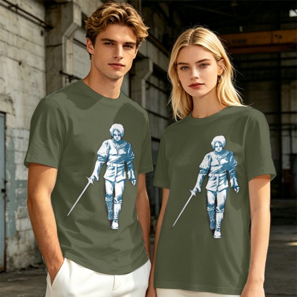 Olive T-shirt with Walking Swordsman Graphic Print