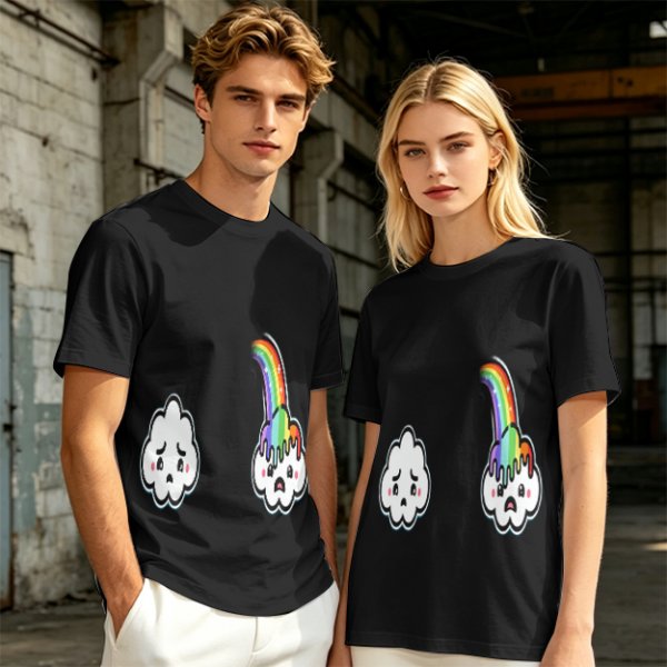 Oversized Olive T-Shirt With Sad Clouds And Rainbow Drip Graphic