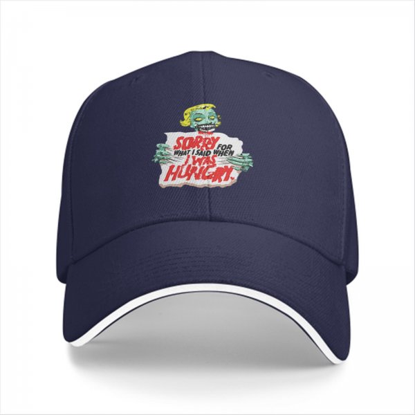 Black baseball cap with zombie 'Sorry for what I said when I was hungry' print