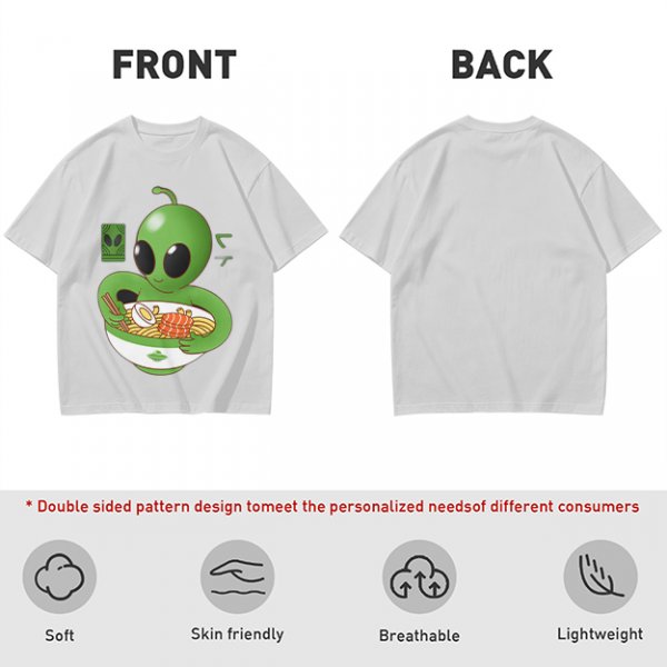 Olive Green T-Shirt With Cute Alien Eating Ramen Graphic