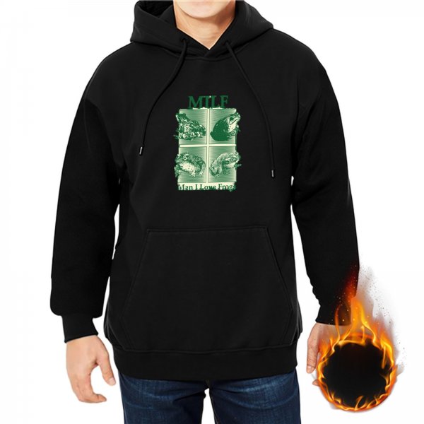 Black hoodie with frog graphic and 'Man I Love Frogs' text print