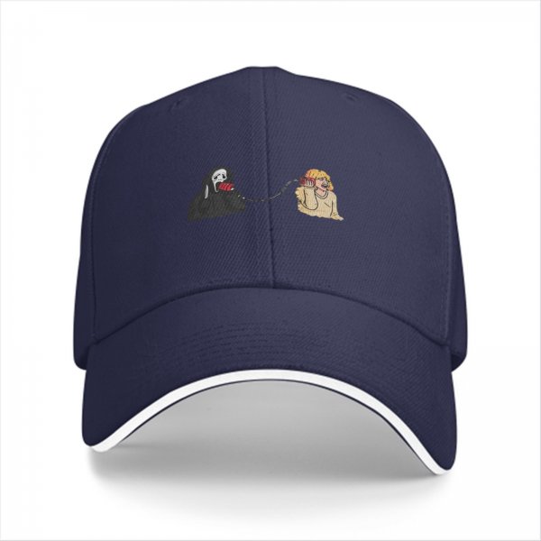 Black baseball cap with Scream ghost and victim phone call graphic