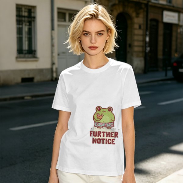 Olive T-Shirt with Cute Frog Graphic and Further Notice Text