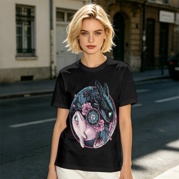 Olive T-Shirt with Yin Yang Dragon Floral Sun Moon Art