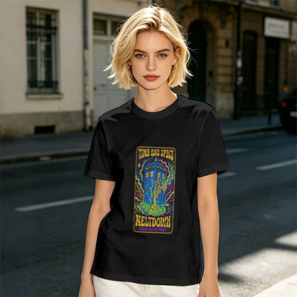 Olive T-Shirt with Psychedelic Time and Space Meltdown Tardis Art