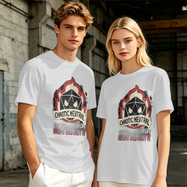 Chaotic Neutral D20 Fire Graphic T-Shirt For Tabletop RPG Fans