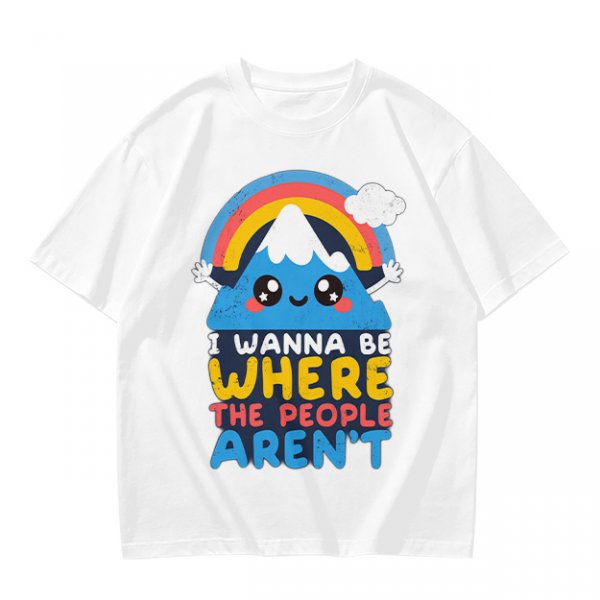 Olive graphic tee with cute mountain rainbow and 'I Wanna Be Where The People Aren't' text