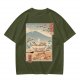 Olive t-shirt with ukiyo-e style ramen cat and Mount Fuji print
