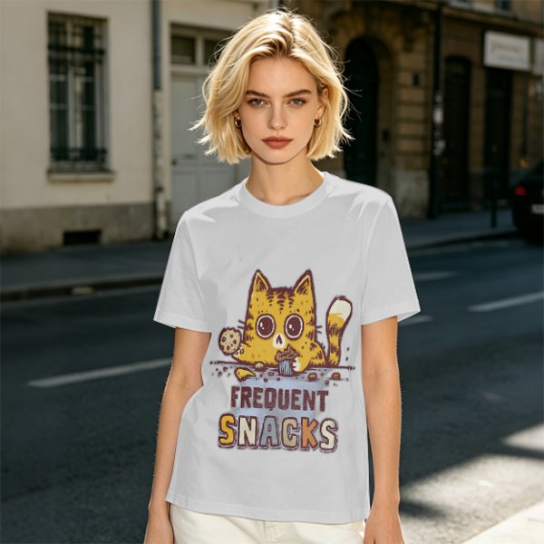 Olive T-Shirt With Cat Eating Snacks Frequent Snacks Print