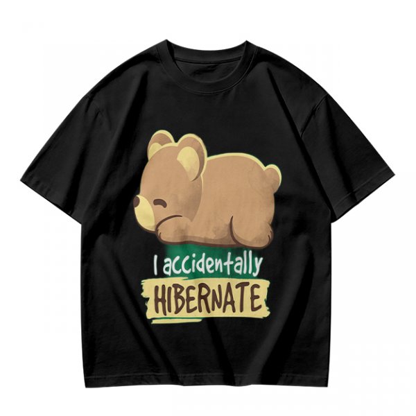 Olive t-shirt with sleeping bear and 'I accidentally hibernate' text