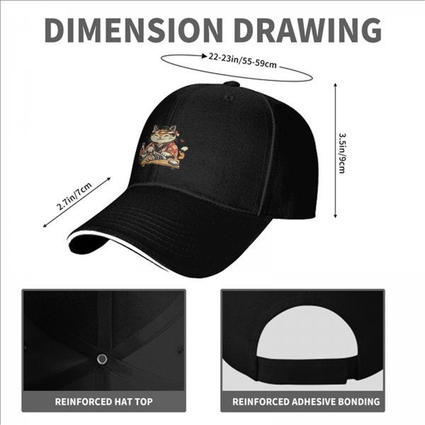 Black Baseball Cap With Cute Sushi Chef Cat Graphic