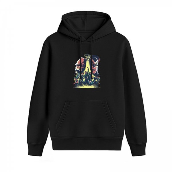 Black hoodie with retro sci-fi character group graphic print