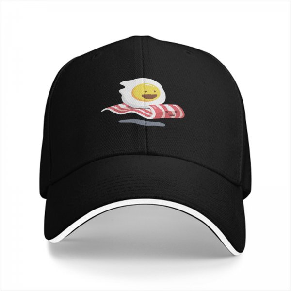 Black Baseball Cap with Smiling Fried Egg and Bacon Print