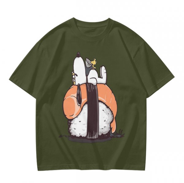 Olive t-shirt with Snoopy and Woodstock sushi print