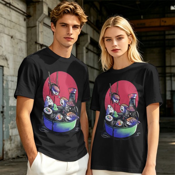 Olive T-Shirt With Anxious Sushi Characters In Soy Sauce Bowl Print