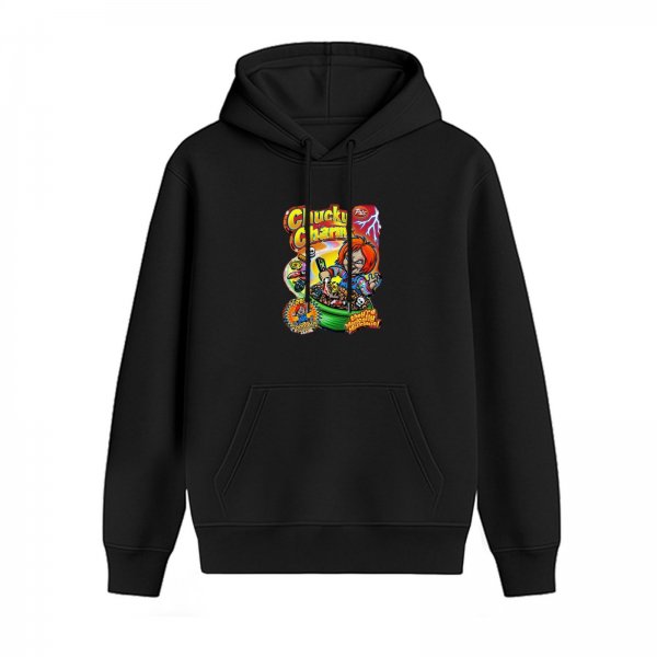 Black hoodie with Chucky Charms horror cereal graphic print
