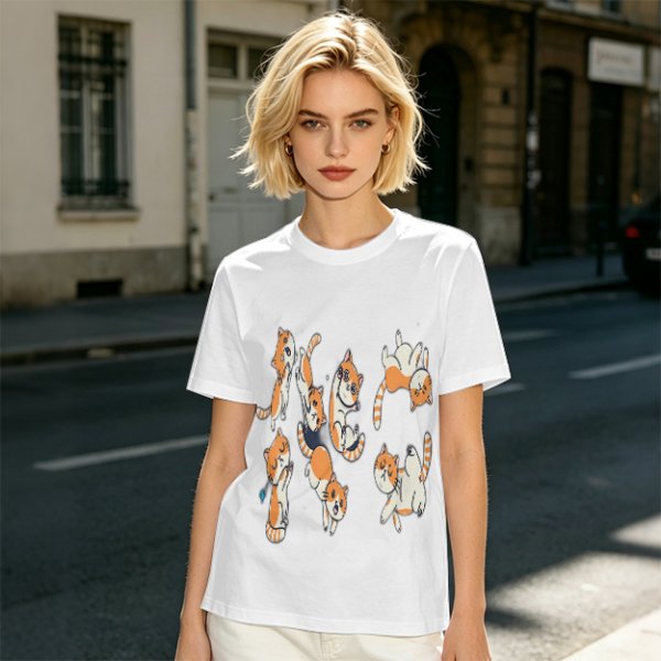 Olive T-Shirt With Playful Orange Kitten Illustrations