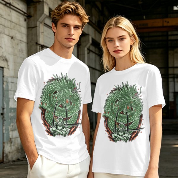 Olive T-shirt with Green Dragon and Samurai Warrior Graphic