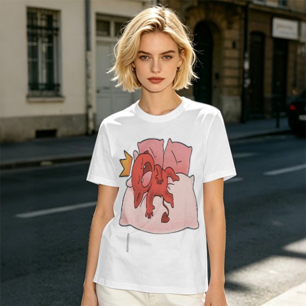 Olive T-Shirt With Cute Red Imp Yawning On Pillows Print