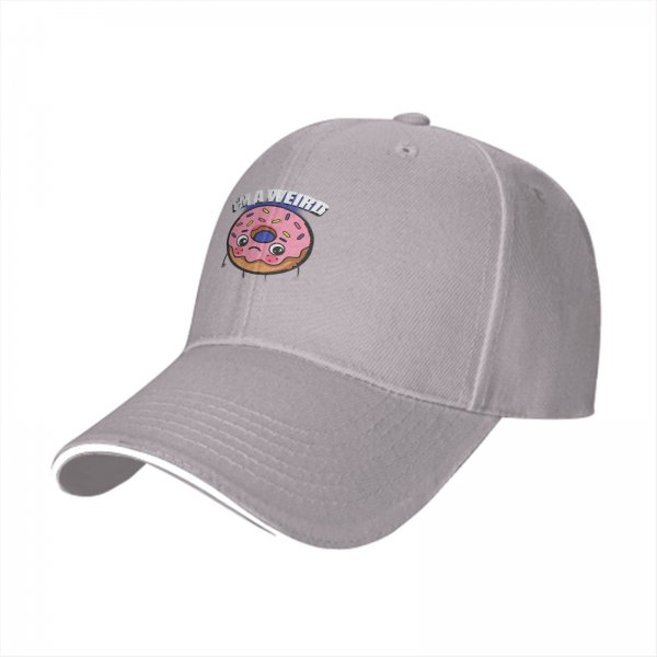 Black baseball cap with sad donut graphic and 'I'M A WEIRD' text