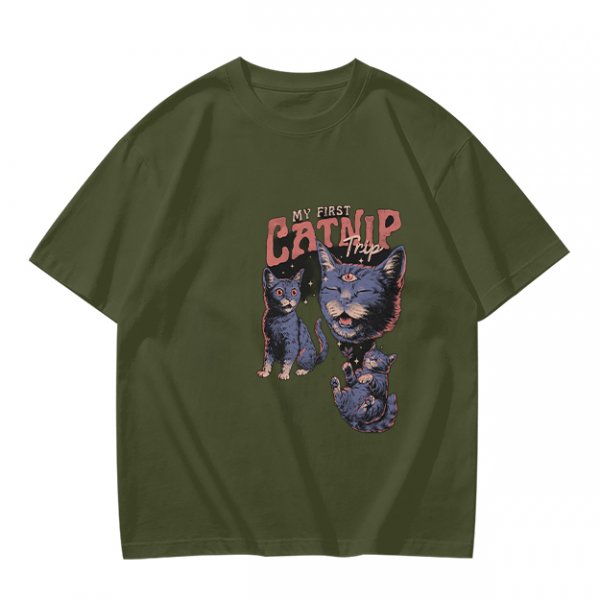 Olive T-Shirt With My First Catnip Trip Psychedelic Cat Print