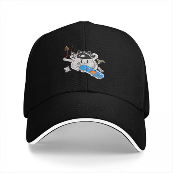 Black Baseball Cap With Raccoon Skateboarding Graphic