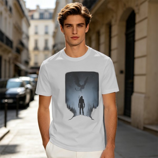 Olive T-Shirt With Dark Fantasy Silhouette Print Of Warrior And Winged Beast