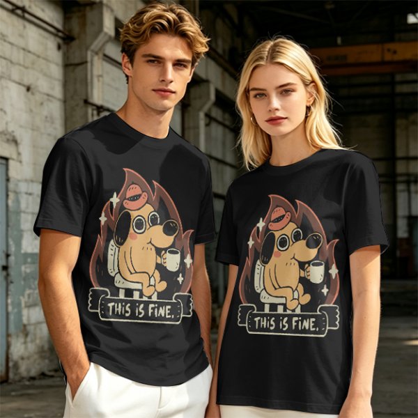Olive T-Shirt Featuring the 'This Is Fine' Dog in Flames Holding Coffee