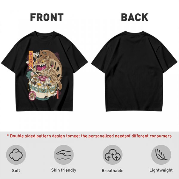 Olive t-shirt with cat bus ramen bowl graphic print