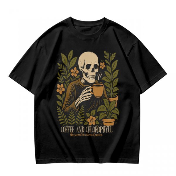 Skeleton with Coffee and Plants T-Shirt Graphic