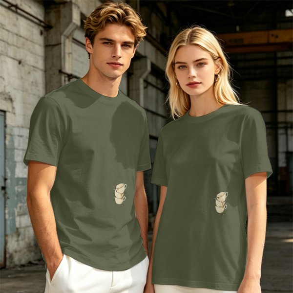 Olive Green Oversized T-Shirt With Stacked Teacup Graphic