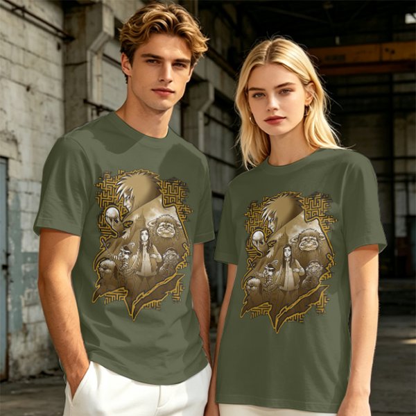 Olive T-Shirt with Fantasy Character Group Graphic Print