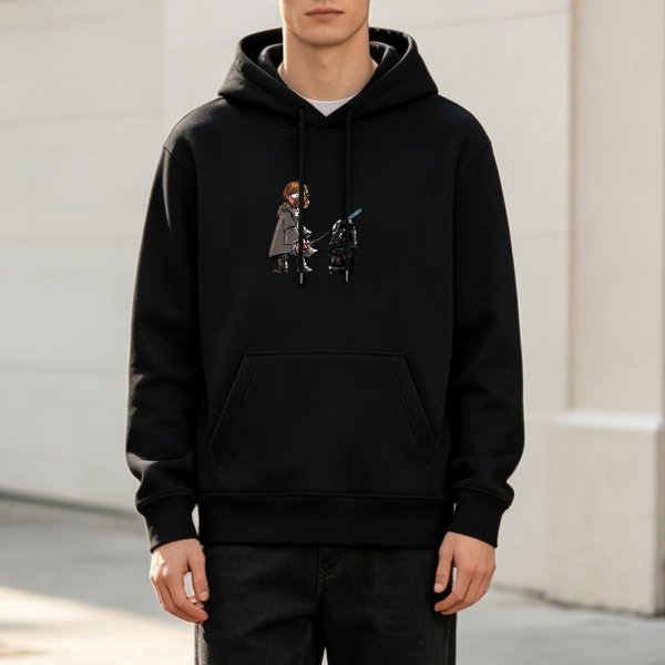 Black hoodie with cartoon Star Wars Jedi and Darth Vader print