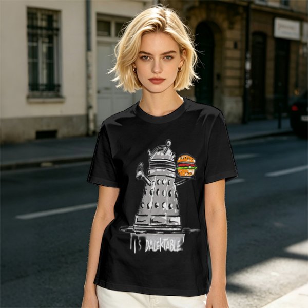 Olive t-shirt with Dalek holding burger and 'It's Dalektable' print
