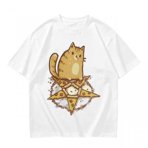 Olive T-Shirt With Cat Sitting On Pizza Pentagram Artwork